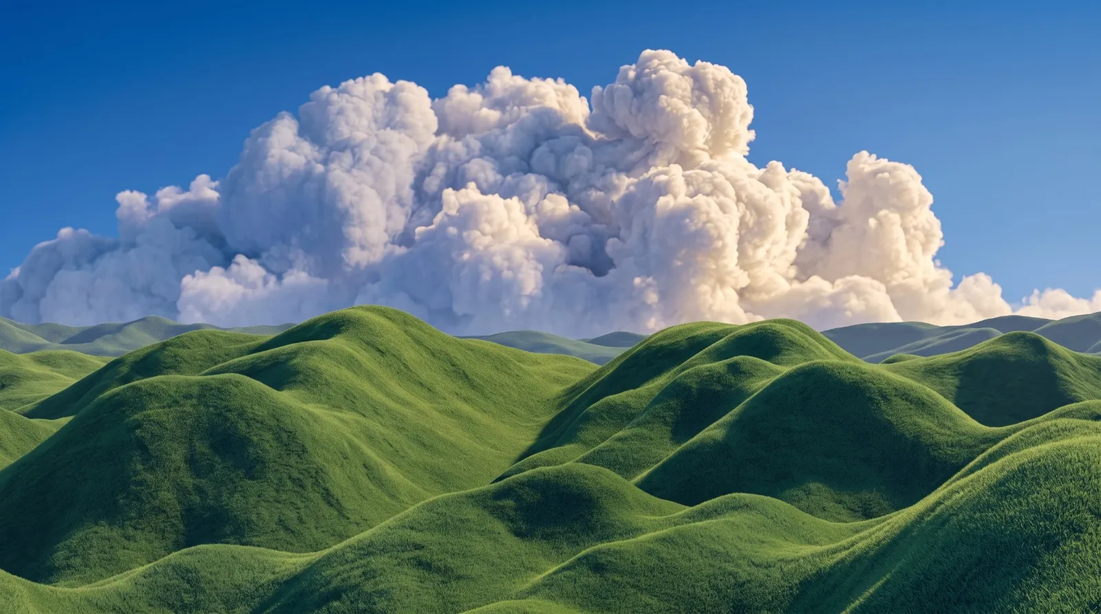 Rolling green hills under a cumulus cloud