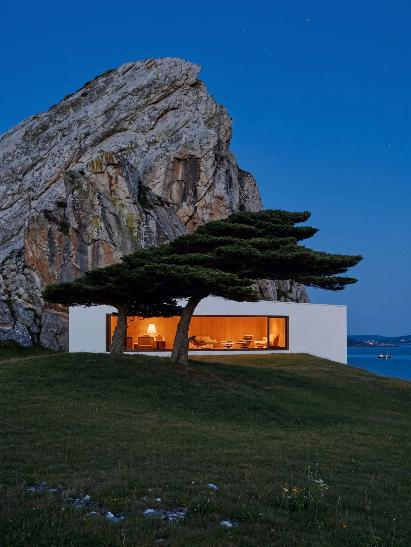 A lit house at dusk beneath a rock face by the sea